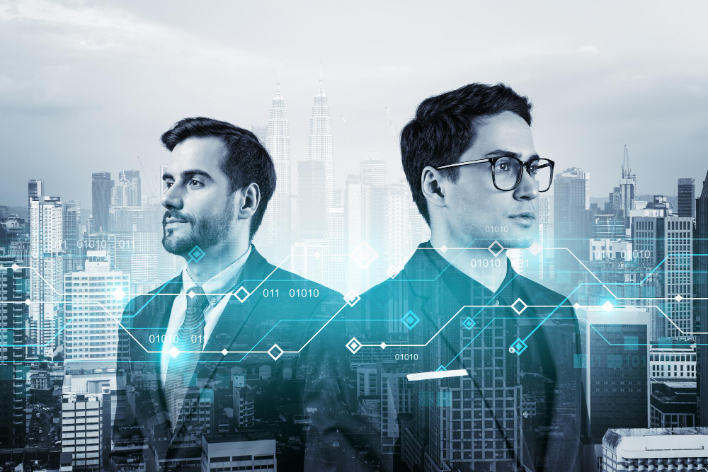 Relentless Innovation — executives and skyline with data network overlay