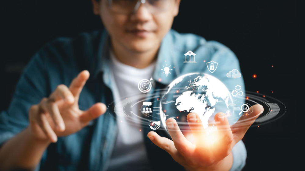 Unified Execution — hand holding a networked globe of connected services